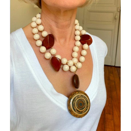 Collier PABLO 2 rangs Ivoire & bois naturel - FRANCINE BRAMLI Paris