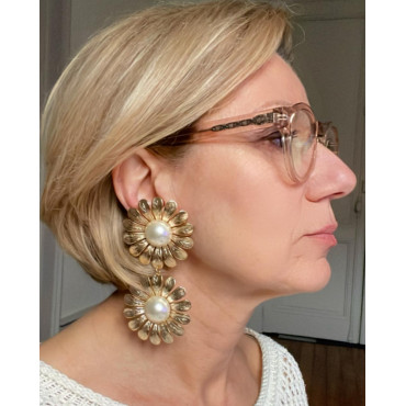 MARGUERITE Dble Métal doré Cabochons perle nacrée - Francine BRAMLI Paris