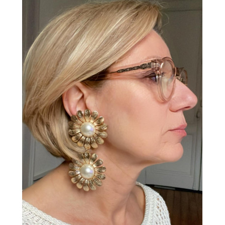 MARGUERITE Dble Métal doré Cabochons perle nacrée - Francine BRAMLI Paris