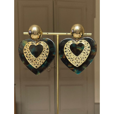 LOVE coeurs marron/bleu/vert & doré - Francine BRAMLI Paris