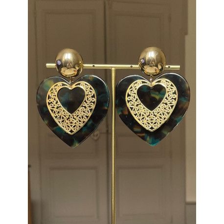 LOVE coeurs marron/bleu/vert & doré - Francine BRAMLI Paris