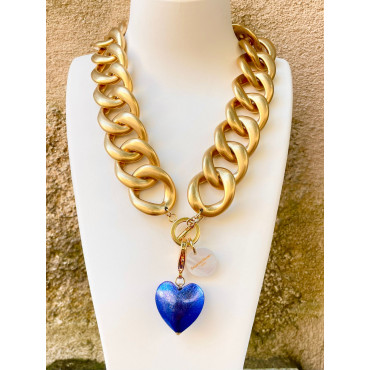 AMORE maillons doré mat, coeur bleu - FRANCINE BRAMLI Paris