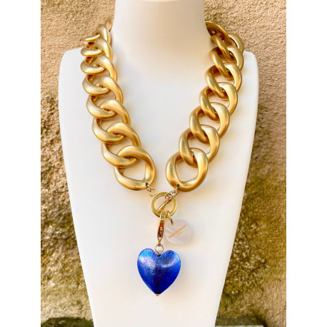 AMORE maillons doré mat, coeur bleu - FRANCINE BRAMLI Paris