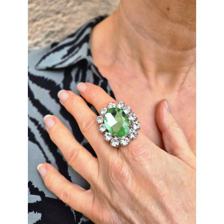BAGUE cristal vert & blanc - Francine BRAMLI Paris