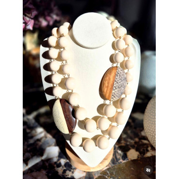 Collier PABLO Ivoire, bois naturel & cuir - Francine BRAMLI Paris