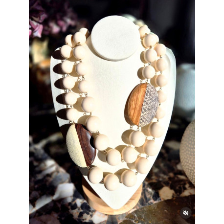 Collier PABLO Ivoire, bois naturel & cuir - Francine BRAMLI Paris