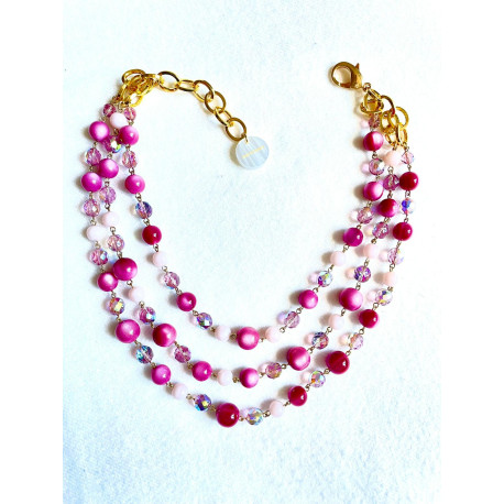Collier REGIS 3 rangs perles rose & cristal - Francine BRAMLI Paris