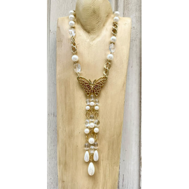 Collier CRAVATE Papillon Doré Perle - Francine BRAMLI Paris