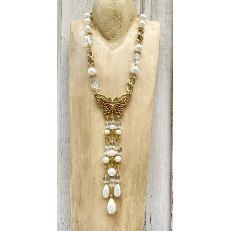 Collier CRAVATE Papillon Doré Perle - Francine BRAMLI Paris