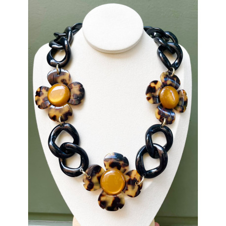 Collier KENNY Fleurs marrons, maillons noirs - Francine BRAMLI Paris