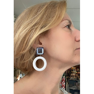 CREOLES blanc Cabochon miroir bleuté - Francine BRAMLI Paris