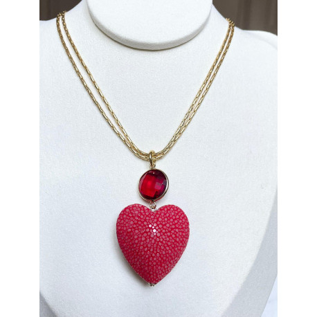 AMORE coeur Galuchat rouge & cristal - Francine BRAMLI Paris Collier