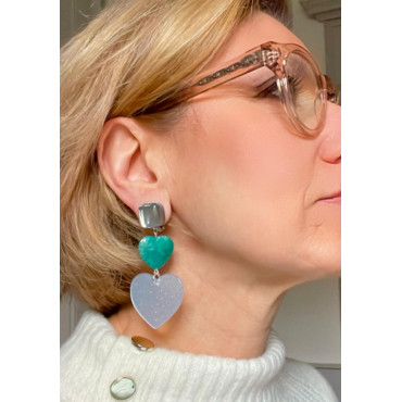 COEUR nacre turquoise & gris pailleté - Francine BRAMLI Paris